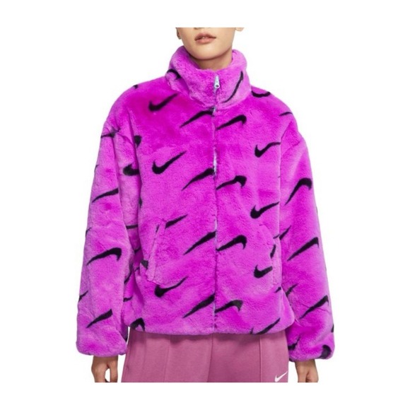 $185 Nike Sportswear Plush Printed Faux Fur Jacket Purple Women's XS DQ6842-551 - Picture 10 of 11